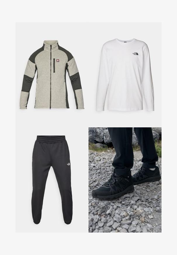 Chaqueta de forro polar con cuello alto, cuerpo principal gris, mangas verde oscuro y cremallera frontal. Presenta un pequeño logo en el pecho.; Camiseta de manga larga blanca de algodón con cuello redondo. Presenta un pequeño logotipo negro en el pecho. Textura suave, corte regular.; Pantalones deportivos negros con cintura ajustable mediante cordón, corte tapered, puños elásticos y un pequeño logo blanco en el muslo izquierdo, fabricados en tejido suave.; Zapatos exteriores negros con malla y material sintético, que presentan un upper texturizado, un sistema de cordones seguro y una suela robusta, sobre terreno rocoso.