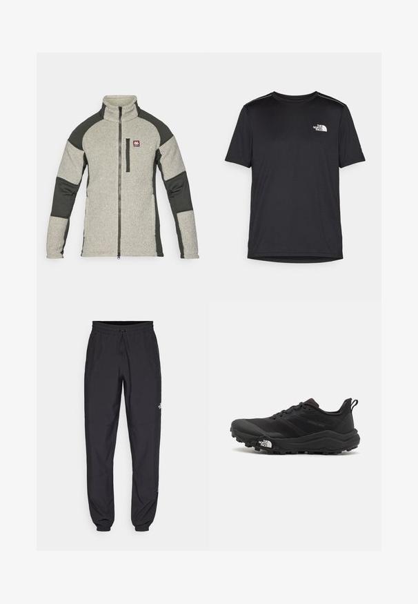 Casaco de felpa com gola alta, corpo principal cinza, mangas verde-escuro e fecho frontal com zíper. Apresenta um pequeno logótipo no peito.; T-shirt preto de manga curta feito de um tecido leve. Apresenta um pequeno logo branco ao lado esquerdo do peito e detalhes subtis nos ombros.; Calças atléticas pretas feitas de tecido leve, com um cós ajustável por cordão, bolsos laterais e punhos afunilados nos tornozelos.; Sapatilha de trail running preta com um upper texturizado, sola de borracha e biqueira reforçada. Possui um colarinho acolchoado e uma alça para facilitar o calçar.