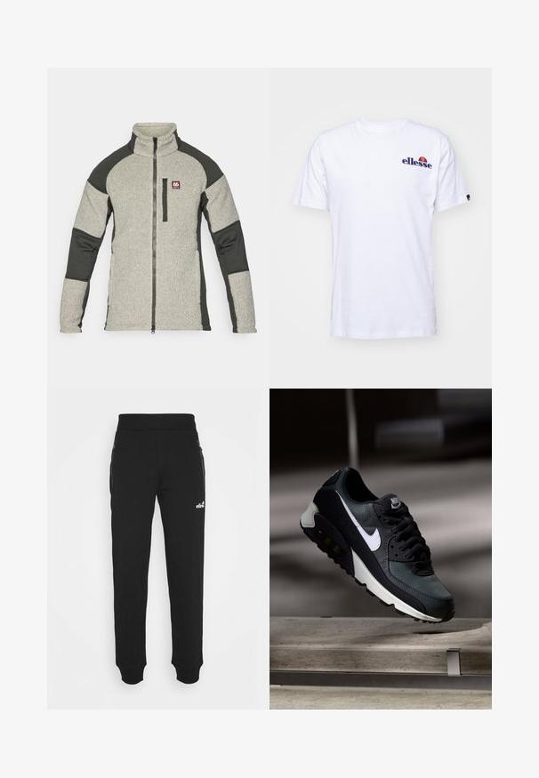 Fleecejakke med høy krage, grå hoveddel, mørkegrønne ermer og glidelås foran. Har en liten logo på brystet.; Hvit bomulls T-skjorte med korte ermer, med en marineblå brodert logo på venstre bryst og en livlig farge aksent over logoen.; Svarte joggebukser laget av mykt stoff har en innskrenket bendesign, elastisk midje, sidelommer med glidelås og en liten logoak accent.; Svart og grønn sneakers med et mønstret mesh-overdel, hvit swoosh-logo, polstret krage og en synlig luftdemping i sålen.