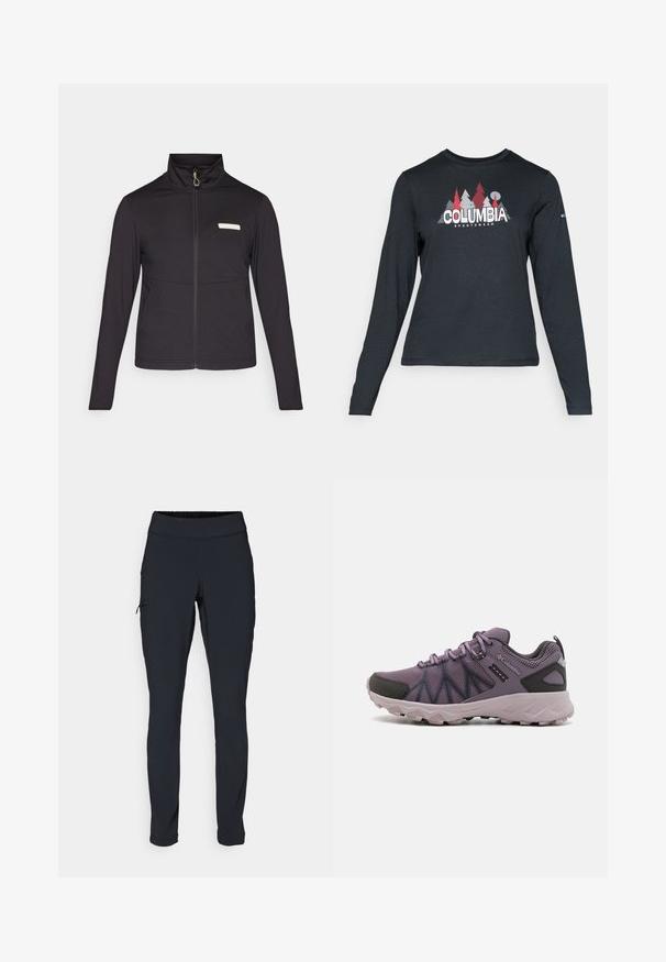Mustast tõmblukuga jakk, mis on valmistatud siledast ja kergest materjalist. Omab kõrget kraed, pikki varrukaid ja väikest logo rinnal.; Pikend varrukatega tumehall särk, millel on punaste puude ja mägede graafika; "COLUMBIA" logo julge valge tekstiga. Pehme kangas, tavaline ümmargune kaelus.; Mustad mustad sportpüksid kitsaste lõikega, elastse vöökoha ja küljetaskuga, millel on tõmblukk. Sile, veniv kangas minimaalsete õmblustega.; Kerged roosad matkajalatsid, millel on võrgusilimüüri ülaosa, mustad aktsendid, pehmendusega tallad ja robustne tallaga, mis tagab haarde.