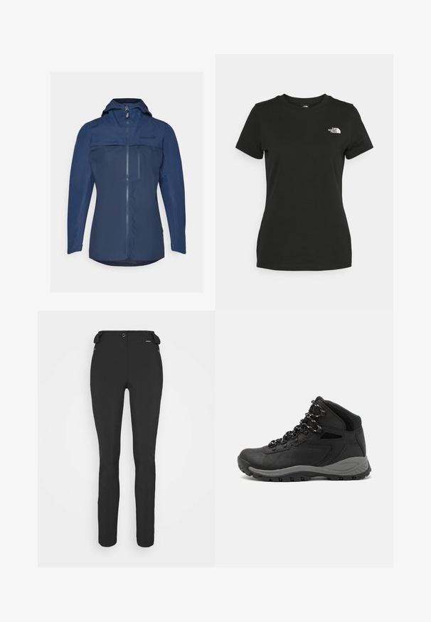 Tumes sinine veekindel jakk täieliku esiotsta zipperiga, reguleeritava kapuutsiga ja külgsete tõmblukktaskutega. Sile tekstuur ja minimaalne brändingudetail.; Mustvalge puuvillane t-särk, millel on ümber kaeluse lõige ja lühikesed varrukad. Märkimisväärne valge logo vasakul ülal nurgas. Sile tekstuur, mugav lõige.; Mustad, hästi istuvad püksid, mis on valmistatud paindlikust materjalist. Omadusteks on lukuga küljetasku, artikeeritud põlved ja sile pind.; Mustarjaline matkasaabas, millel on keskmine disain, tekstuuriga ülemine osa, hallid aktsendid ja vastupidav kummist põhi, millel on haardelugesid.