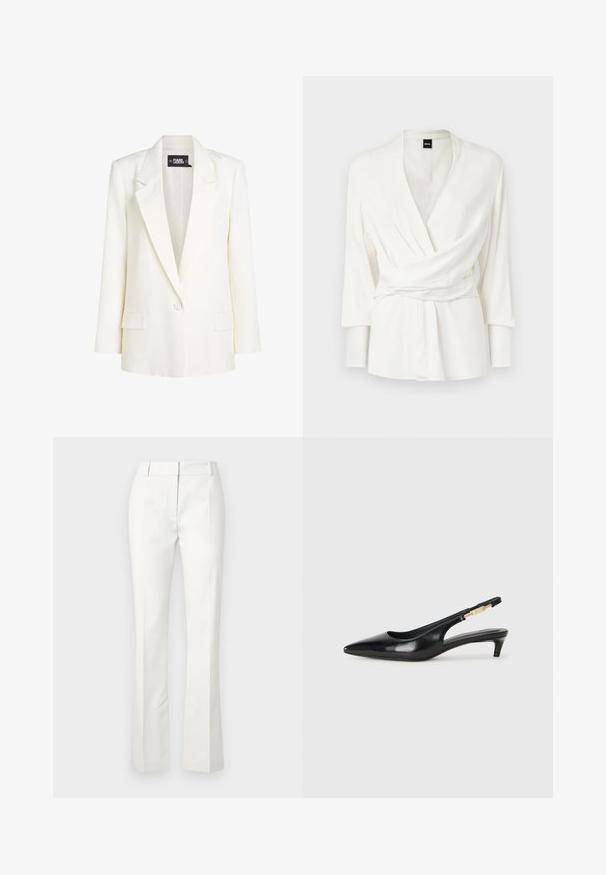Biely blejzer s klopovým golierom, jedným gombíkom a jemnými kruhovými vzormi. Dva predné vrecká dopĺňajú dizajn.; Biela blúzka na zaväzovanie s dlhými rukávmi, výstrihom do V a opaskom v páse. Vyrobená z hladkej, splývavej látky.; Biele nohavice na mieru s rozšíreným spodkom, s prednými záhybmi a hladkým povrchom, vyrobené z ľahkého materiálu.; Čierne kožené slingback opätky s špicatou špičkou, s úzkym opätkom a zlatým detailom na nastaviteľnom remienku. Hladká textúra.