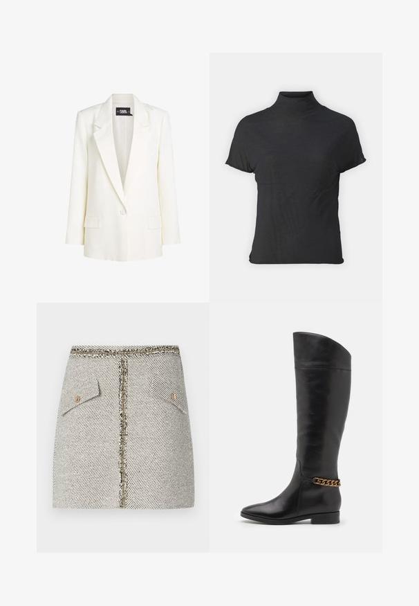 Bílý blejzr s klopovým límcem, zapínáním na jeden knoflík a jemnými kruhovými vzory. Dva přední kapsy dotvářejí design.; Černý krátký rukáv turtleneck vyrobený z lehkého materiálu s hladkou texturou a přiléhavým střihem, s vysokým výstřihem.; Tkaná tweedová sukně v bílé a černé barvě s vzorem rybí kost, má dvě přední kapsy a zlatý zip na zadní straně s třásněmi.; Vysoké černé kožené boty s elegantním designem, špičatou špičkou a zlatým řetízkem na kotníku. Nízký blokový podpatek. Hladká textura.