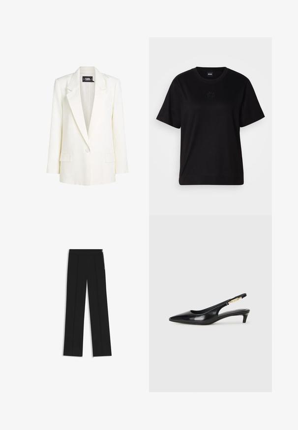 Witte blazer met een gelapte kraag, enkele knoopsluiting en subtiele cirkelpatronen. Twee voorzakken maken het ontwerp af.; Zwarte katoenen t-shirt met een ronde hals, korte mouwen en een geborduurd logo op de borst. Eenvoudige, comfortabele pasvorm zonder patronen.; Zwarte wijde broek met twee voorplooien, elastische tailleband en zijritsen voor detail. Soepele textuur en minimalistisch ontwerp.; Zwarte leren slingback hakken met een spitse neus, voorzien van een slanke hak en een goudkleurige accent op de verstelbare band. Gladde textuur.