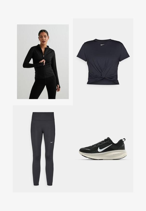 Sort zip-up træningsjakke med lange ærmer, tætsiddende design, frontlommer og tommelfingerhuller. Glat, strækbart stof med minimal søm.; Sort atletisk t-shirt lavet af glat stof, med et knyttet frontdesign og et lille hvidt Nike-logo på brystet.; Sorte leggings lavet af strækbart stof, med en høj talje og et hvidt Nike-logo på venstre lår. Glat tekstur, tætsiddende design.; Sort Nike løbesko med åndbart mesh-overdel, hvidt swoosh-logo, tekstureret detaljering og en cremede ZoomX mellemsål.