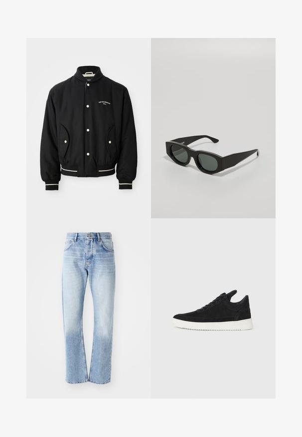 Melns bumbieru apvalks ar ribotu apkakli, pogu aizdari, divām sānu kabatām un baltām svītrām pie piedurknēm un apakšmalas.; Balta kokvilnas bez piedurknēm tank top krekliņš ar apaļu kakla izgriezumu, ar gludu tekstūru un pieguļošu formu, paredzēts ikdienas valkāšanai.; Gaiši zili džinsu bikses ar taisnu kāju griezumu. Ar piecu kabatu dizainu, pogu aizdari un izbalējušu tekstūru apakšā.; Melna zamša apavi ar baltu gumijas zoli, ar tonālu izšuvumu un auklu dizainu. Gluda tekstūra ar mūsdienīgu, plūstošu formu.; Melni taisnstūra saulesbrilles ar zaļiem tonētiem objektīviem, biezām apmalēm un plakaniem kājiņām, kas raksturojas ar gludu plastmasas tekstūru.