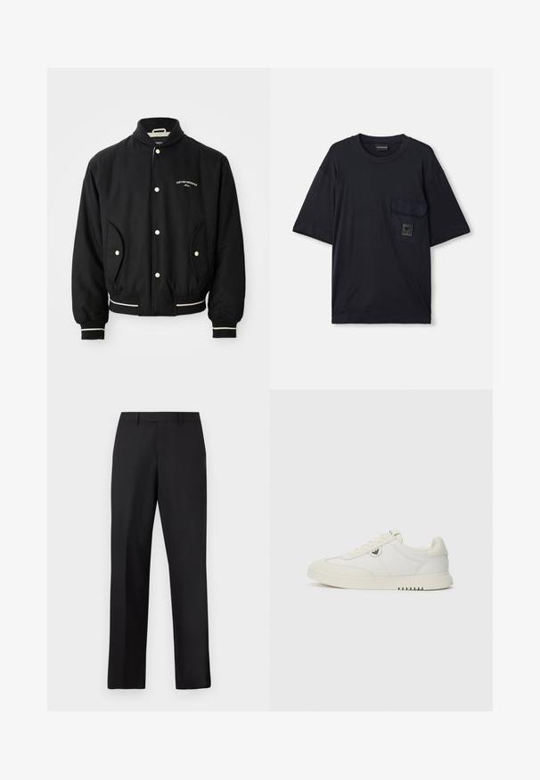 Juoda bombonešio striukė su lygia apykakle, užsegimu su spaudėmis, dviem šoninėmis kišenėmis ir baltomis juostelėmis ant rankovių bei apatinės dalies.; Juodas trumpas rankovės marškinėlis su apvalia kaklo iškirpte, su kišene kairėje krūtinės pusėje, ant kurios yra mažas stačiakampio formos logotipas.; Juodos, tiesios kojų kelnės iš lygaus audinio. Turi standartinę juosmens juostą ir neturi matomų raštų ar akcentų.; Žemi balti sportbačiai su raišteliais, lygia pado dalimi ir mažuoju metaliniu logotipu šone, pavaizduoti ant vientiso fono.