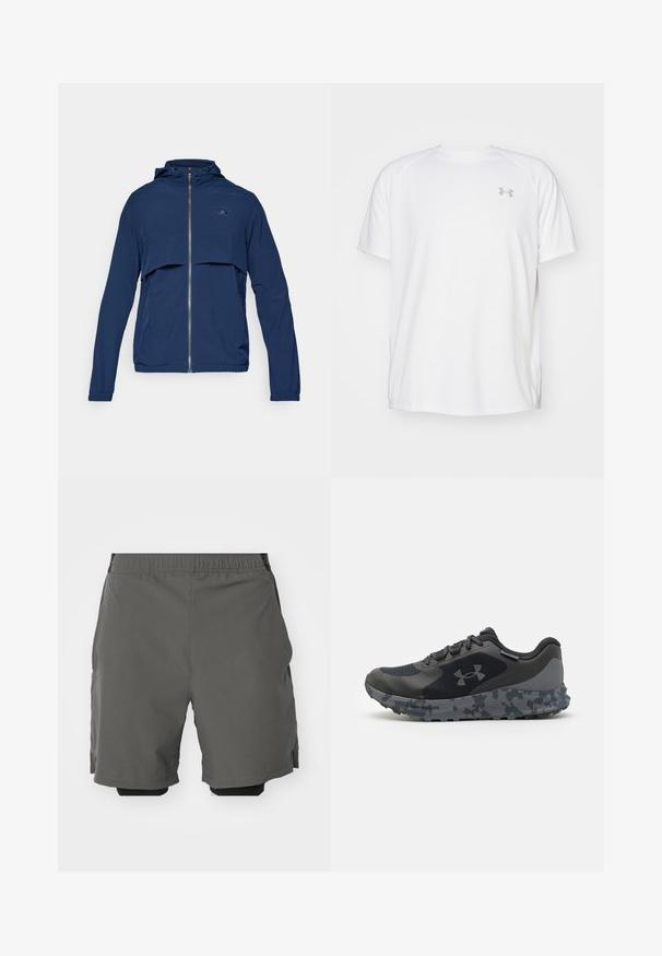 Casaco azul-marinho com fecho éclair e capuz, apresentando um design de meio zíper, punhos elásticos e um logotipo discreto no peito. Tecido leve.; Camisola atlética de mangas curtas brancas, feita de um tecido suave. Apresenta um decote redondo e um logótipo cinza no lado esquerdo do peito, com aberturas laterais na barra.; Calças curtas atléticas cinzentas com um tecido leve e suave, cintura elástica, com calções de compressão interiores e bolsos laterais.; Shoe atlético preto com um superior texturizado, sola cinza com padrão de camuflagem e atacadores planos. Apresenta o logótipo da Under Armour de lado.