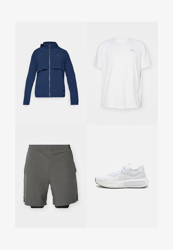 Jacheta cu fermoar de culoare albastru marin, prevăzută cu glugă, având un design cu fermoar pe jumătate, manșete elastice și un logo subtil pe piept. Fabrică ușoară.; Camică sport cu mânecă scurtă, de culoare albă, fabricată dintr-un material neted. Dispune de un guler tip crew și un logo gri pe pieptul stâng, cu slituri laterale la tiv.; Bermude atletice gri dintr-un material neted și ușor, cu un tiv elastic, având pantaloni scurți compresivi interiori și buzunare laterale.; Pantof sprețin albe cu un superior din tricot texturat, sistem de închidere cu șireturi, talpă cu amortizare și un detaliu distinctiv de branding pe lateral.