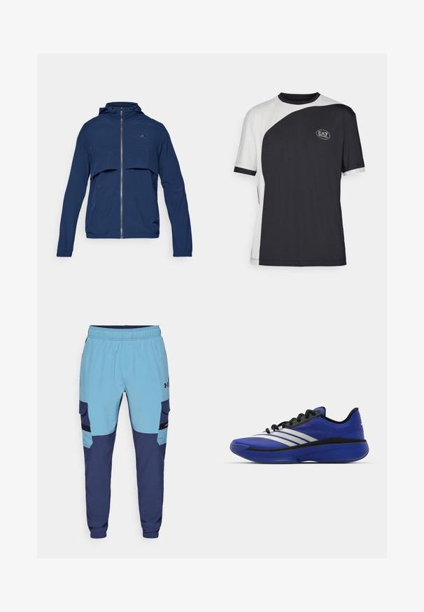 Casaco azul-marinho com fecho éclair e capuz, apresentando um design de meio zíper, punhos elásticos e um logotipo discreto no peito. Tecido leve.; T-shirt de manga curta com um design bicolore em preto e branco, com uma textura suave e um logo EA7 na frente.; Calças de moletom azuis e marinhas com um cós elástico, bolsos laterais e detalhes ao estilo cargo. Feitas de tecido suave e respirável.; adidas Performance ADIZERO SELECT 3.0 - Sapatilhas de basquetebol - lucid blue/core black/metallic