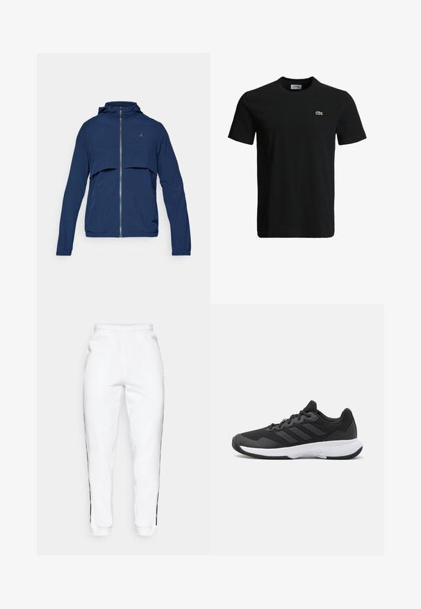 Tamsiai mėlynas užtrauktuku užsegamas švarkas su gobtuvu, turintis pusiau užtrauktuką, elastines rankoves ir subtilų logotipą ant krūtinės. Lengvas audinys.; Juodas medvilninis marškinėliai su apvaliu kaklu, trumpomis rankovėmis ir mažu žaliu krokodilo logotipu kairėje krūtinės pusėje. Lygi tekstūra, kasdieniškas dizainas.; Baltos sportinės kelnės su elastinga juosmena, turinčios juodas šonines juosteles ir rankogalius. Pagamintos iš minkštos medžiagos su lygia tekstūra.; Juodas sportinis batelis su tekstūruota viršutine dalimi, trimis horizontaliomis juostelėmis ir baltu padu su raštuotu protektoriumi. Lengvas ir aerodinamiškas dizainas.