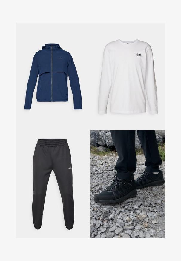 Marineblaue Zip-up-Jacke mit Kapuze, halbseitigem Reißverschluss, elastischen Bündchen und einem dezenten Logo auf der Brust. Leichter Stoff.; Weißes langärmliges T-Shirt aus Baumwolle mit Rundhalsausschnitt. Verfügt über ein kleines schwarzes Logo auf der Brust. Glatte Textur, reguläre Passform.; Schwarze Jogginghose mit verstellbarem Bund, schlanker Passform, elastischen Bündchen und einem kleinen weißen Logo am linken Oberschenkel, hergestellt aus glattem Stoff.; Schwarze Outdoor-Schuhe aus Mesh und synthetischem Material, mit einer strukturierten Oberseite, gesichertem Schnürsystem und griffiger Laufsohle, auf felsigem Gelände.