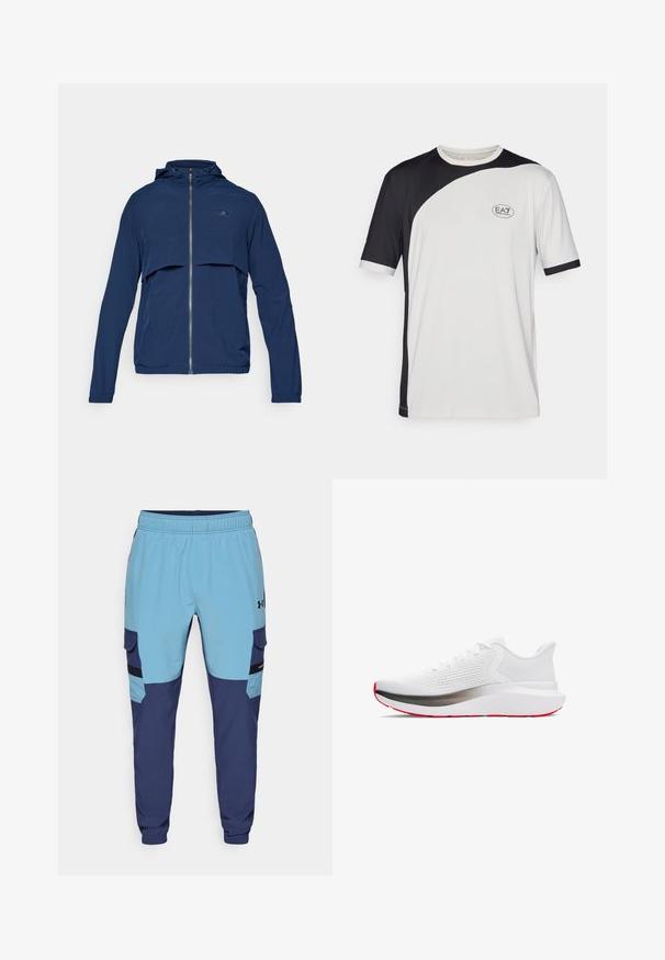 Tumed sinine kapuutsiga tõmblukuga jakk, millel on pool tõmblukk, elastsed mansetid ja diskreetne logo rinnal. Kerge kangas.; Lühikeste varrukatega T-särk, millel on must-valge värvi blokeeringu disain, valmistatud kergest kangast. Rinnal on EA7 logo.; Sinine ja tumesinine mugavushari elastse vöökoha, küljetaskute ja cargo stiilis aktsentidega. Valmistatud pehmest ja hingavast kangast.; Spordijalatsid valge võrgu pealmise, hõbedase vaheosaga ja punase tallaga. Omab ümmarguseid paelu ja pehmet kraed mugavuse tagamiseks.