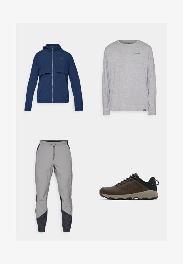 Mornarsko modra zip-up jakna s kapuco, ki ima polovičen zadrgo, elastične manšete in diskreten logo na prsih. Lahka tkanina.; Svetlo siva majica dugih rukava od mekog, teksturiranog materijala. Ima okrugli izrez i mali plavi Patagonia logo na grudima.; Lahki, sivi atletski hlače z črnimi dodatki. Elastika v pasu, zategovalna vrvica, oblikovana noga in stranske žepe.; Rjave vodoodporne superge z teksturiranim zgornjim delom, perforiranimi detajli, črno podporo za peto in sivo gumijasto podlogo. Šnure imajo metalne konice.