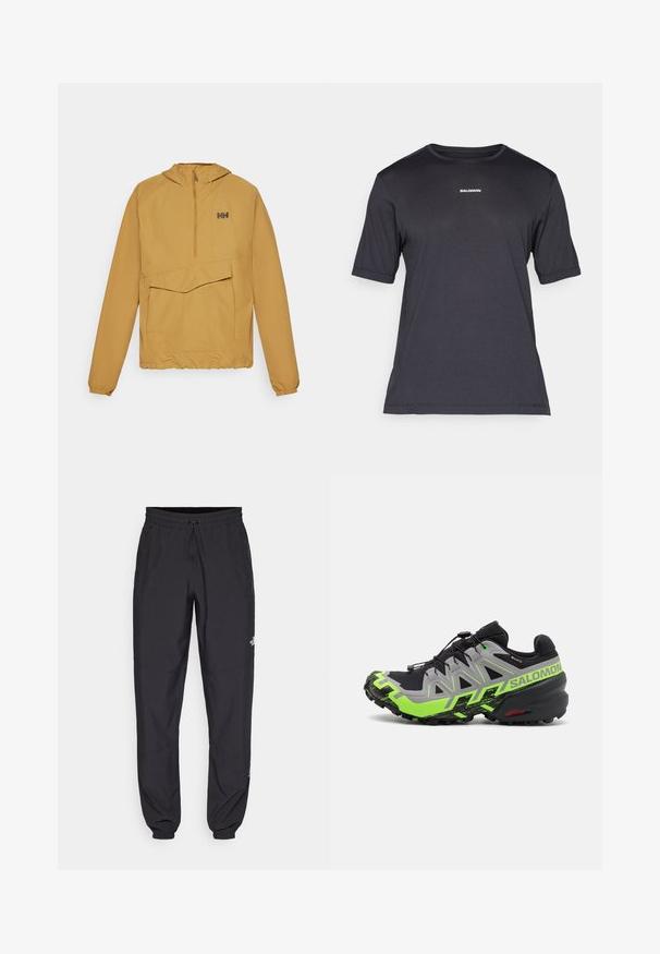 Giacca leggera gialla con chiusura a mezza zip, grande tasca frontale, cappuccio regolabile e polsini elasticizzati. Realizzata in materiale liscio e impermeabile.; Maglietta performance nera a maniche corte realizzata in tessuto traspirante, con colletto a girocollo e piccolo logo bianco "SALOMON" sul petto.; Pantaloni sportivi neri realizzati in tessuto leggero, con vita regolabile con cordino, tasche laterali e orli affusolati alle caviglie.; Scarpe da trail running nere e grigie con dettagli verde brillante, dotate di una suola testurizzata, un sistema di allacciatura avanzato e un design robusto.