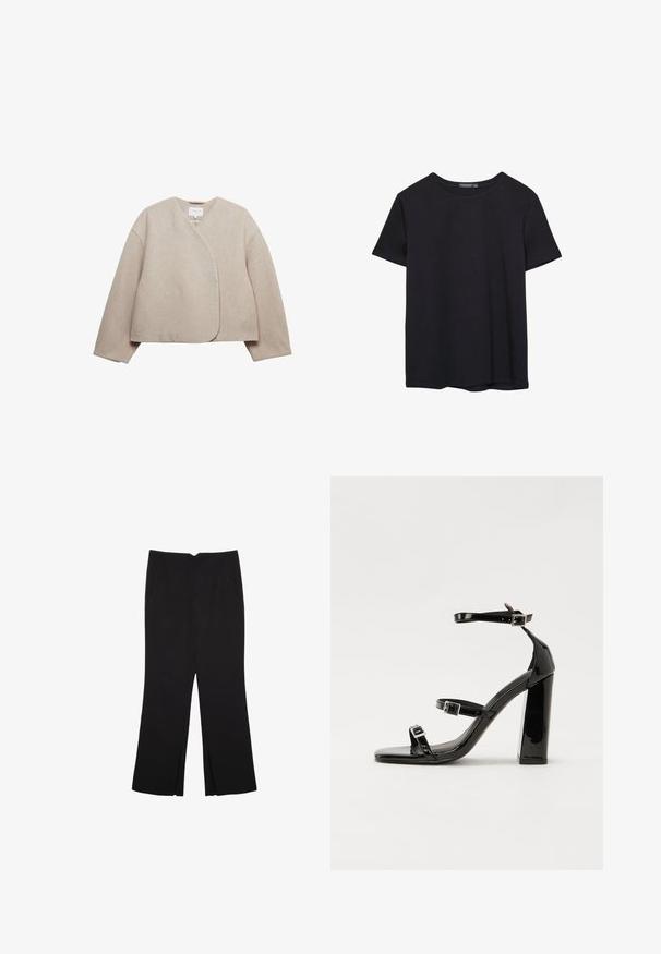 Beige omslagjacka i mjukt tyg, med v-ringning, långa ärmar och minimalistisk design utan knappar eller dekorationer.; En enkel svart bomulls T-shirt med kort ärm och rund hals, uppvisad på en vit bakgrund.; Svarta byxor med rak passform, utrustade med framfickor och sidoklyvningar vid fållen. Tillverkade av mjukt, slätt tyg. Lämpliga för olika tillfällen.; Svarta lackerade klacksandaler med fyrkantig tå, ankelremmar och silverfärgade spännen. Har en kraftig blockklack för stabilitet.