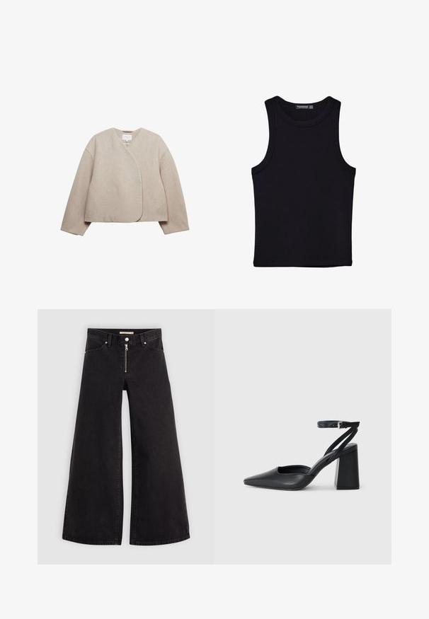 Beige kääntötyylinen takki, joka on valmistettu pehmeästä kankaasta, jossa on V-pääntie, pitkät hihat ja minimalistinen muotoilu ilman kiinnityksiä tai koristeluita.; Musta hihaton paita, joka on valmistettu puuvillasta, ja jossa on pyöreä kaula-aukko sekä leveät kainaloaukot. Silkkinen pinta ja ommellut reunat. Klassinen, minimalistinen muotoilu.; Mustat leveälahkeiset farkut, joissa on vetoketjufrunti, viisi-taskuinen muotoilu ja hienovaraiset ompelusyyt. Sileä pinta ja rento tyyli.; Mustat nahkakengät, joissa on kapea kärki, nilkkaremmi ja paksu korko. Tasainen pinta, tyylikäs muotoilu ja minimalistinen estetiikka.