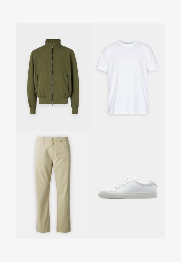 Oliwkowa kurtka z stójką, z zamkiem z przodu i dwoma bocznymi kieszeniami na zamek; wykonana z gładkiego, lekkiego materiału.; Biała bawełniana koszulka z krótkim rękawem, okrągłym dekoltem i luźnym krojem. Posiada minimalistyczny design, bez wzorów ani akcentów.; Beżowe bawełniane spodnie o prostym kroju, z zapięciem na guzik z przodu i paskiem. Gładka tekstura, bez widocznych wzorów czy akcentów.; Białe sneakersy z gładką skórzaną cholewką i niskim profilem. Posiadają okrągły nos, sześć dziurek na sznurówki oraz teksturowaną gumową podeszwę.