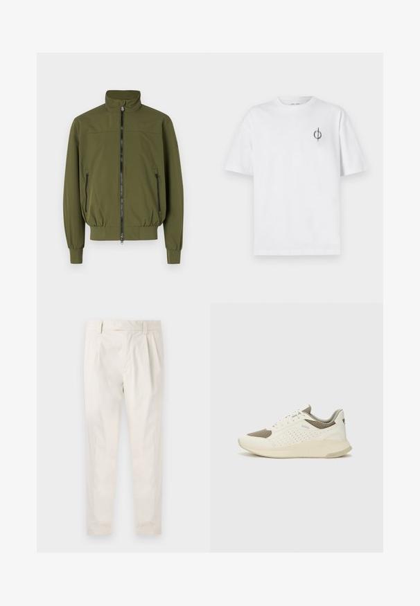 Olive green jacket with a stand-up collar, zip front closure, and two side zip pockets; made from smooth, lightweight fabric.; White cotton t-shirt with a relaxed fit, featuring a small black graphic logo on the left chest area. Short sleeves, crew neck style.; White, pleated trousers with a tailored fit, featuring a smooth texture, belt loops, and tapered legs. No visible pockets or patterns.; White and light beige athletic sneaker, featuring a mesh upper, perforated detailing, and a textured midsole with branding on the heel.