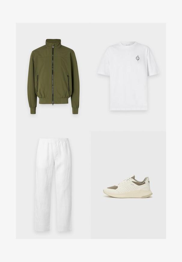 Casaco verde-oliva com colarinho alto, fecho frontal com zip, e dois bolsos laterais com zip; feito de um tecido liso e leve.; Camisa de algodão branca com um corte relaxado, apresentando um pequeno logótipo gráfico preto na área do peito esquerdo. Mangas curtas, estilo de gola redonda.; Calças de linho branco com cintura elástica, corte reto e textura suave, sem padrões visíveis ou detalhes de ferragens.; Sapatilha atlética branca e bege claro, com parte superior em malha, detalhes perfurados e uma entressola texturizada com marcação no calcanhar.