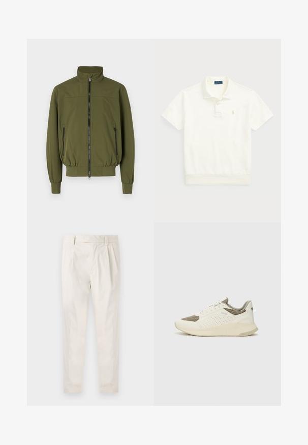 Giacca verde oliva con collo rialzato, chiusura frontale con zip e due tasche laterali con zip; realizzata in tessuto liscio e leggero.; Polo Ralph Lauren LOOPBACK FLEECE POLO-COLLAR SWEATSHIRT - Polo - clubhouse cream; Pantaloni bianchi plissettati con taglio su misura, caratterizzati da una texture liscia, passanti per la cintura e gambe affusolate. Nessuna tasca o motivo visibile.; Sneaker atletica bianca e beige chiaro, con tomaia in mesh, dettagli perforati e una suola intermedia texturizzata con marchio sul tallone.