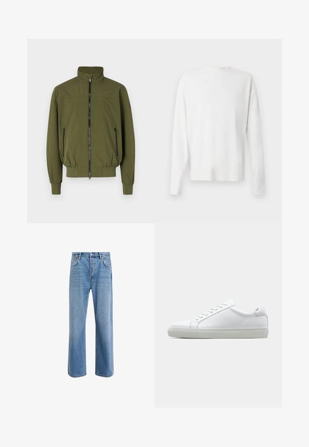 Oliivroheline jakk, millel on püsti krae, lukuga esikinnitus ja kaks külgmist lukuga taskut; valmistatud siledast ja kergest kangast.; Pikad varrukad, valge puuvillane särk ümmarguse kaelusega, külgedel lõhikud all ja sile tekstuur, nähtav tagant.; Heledad sinine teksapüksid otse lõikega, viie taskuga, nupuga sulgemine, minimaalne kulumine ja kontrastsed õmbluse detailid.; Valge tennisetoss, millel on sile nahk pealis ja madal profiil. Omab ümarat ninaosa, kuut silmust ja tekstuuriga kummist talda.