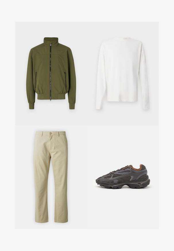 Olijfgroen jack met een opstaande kraag, ritssluiting aan de voorkant en twee zijzakken met rits; gemaakt van glad, lichtgewicht stof.; Witte katoenen blouse met lange mouwen en een ronde halslijn, met zijsplitten aan de onderkant en een gladde textuur, vanuit de achterkant weergegeven.; Beige katoenen broek met een recht ontwerp, knoopsluiting aan de voorkant en riemlussen. Gladde textuur, geen zichtbare patronen of accenten.; Lacoste sneakers in donkergrijs van mesh en synthetisch materiaal, met een gestructureerde zool en bruine accenten op de kraag en branding.