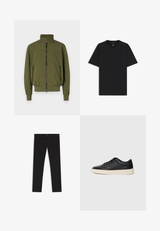 Giacca verde oliva con collo rialzato, chiusura frontale con zip e due tasche laterali con zip; realizzata in tessuto liscio e leggero.; Maglietta nera a maniche corte realizzata in un morbido misto cotone, con scollatura a girocollo e un design minimalista senza motivi o dettagli.; Pantaloni neri realizzati in tessuto con una superficie liscia. Presentano una chiusura con bottone, passanti per cintura e tasche laterali. Design a gamba dritta standard.; Sneaker in pelle nera a basso profilo con lacci neri e suola avorio, mostrato di profilo su sfondo bianco.