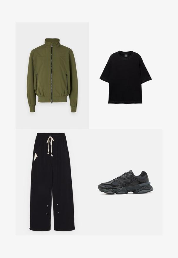 Veste olive en vert kaki avec un col montant, fermeture zippée à l'avant et deux poches latérales zippées ; fabriquée en tissu lisse et léger.; T-shirt noir à manches courtes en coton, avec un col rond et une coupe décontractée. Texture lisse avec des détails de couture minimalistes.; Pantalons larges noirs en tissu doux avec une taille à cordon, poches latérales et une poche d'accent en forme de triangle. Détails en métal argenté inclus.; Chaussure de course noire mettant en avant un mélange de mesh et de matériaux synthétiques, avec une semelle épaisse, un design arrondi et un logo bien visible sur le côté.