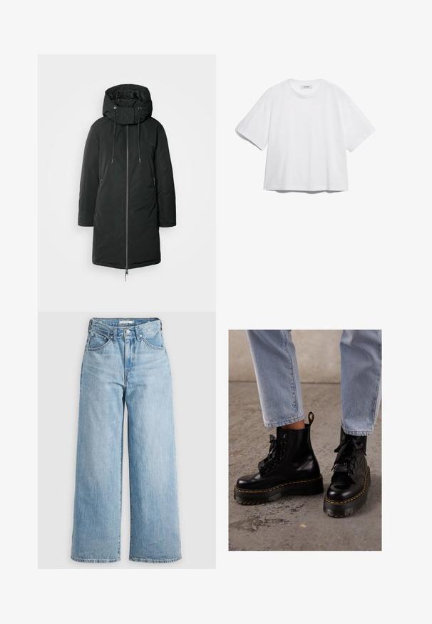 Schwarze gepolsterte Jacke mit hohem Kragen, verstellbarem Kapuzenzug undFrontreißverschluss. Mit Seitentaschen und geradem Schnitt. Glatte Textur.; Weißes Baumwoll-T-Shirt mit kurzen Ärmeln, rundem Ausschnitt, lockerer Passform und ohne sichtbare Muster oder Grafiken. Glatte Textur und einfaches Design.; Hellblaue weit geschnittene Jeans mit hoher Taille, aus Denimstoff. Besitzt ein klassisches Fünf-Taschen-Design und Metallbeschläge.; Schwarze Leder-Stiefeletten mit einer dicken Sohle, runder Zehenform, Bändern zum Schnüren, gelben Nähten und einer Schlaufe an der Rückseite.