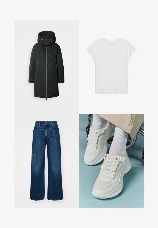 Svart polstret jakke med høy krage, snorhette og glidelås foran. Har sidelommer og rett snitt. Glatt tekstur.; Hvit t-skjorte med korte ermer og rund hals, avslappet passform, laget av myk bomull. Glatt tekstur, uten mønstre eller logoer.; Høyt liv, vide jeans i mørk blå denim med en jevn tekstur, kontrastsøm og fem-lommers design. Frontlukkning med knapp.; Hvite sneakers med mesh-materiale, gummisåle, snøret design uten laces og elastiske bånd, samt gulltone detaljer.
