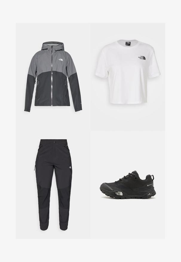 Veste imperméable grise et noire, dotée d'une fermeture éclair à l'avant, d'une capuche réglable et de deux poches latérales. Logo sur la poitrine.; T-shirt blanc court en coton avec un col rond et des manches courtes. Présente un logo noir sur le côté gauche de la poitrine.; Pantalons noirs d'extérieur en tissu durable. Dotés de poches zippées, de panneaux de genoux renforcés et d'une coupe droite pour une meilleure mobilité.; Chaussure de randonnée noire avec une tige texturée, fermeture à lacets, et une semelle en caoutchouc épaisse présentant un logo prominent sur le côté et des motifs de semelle.