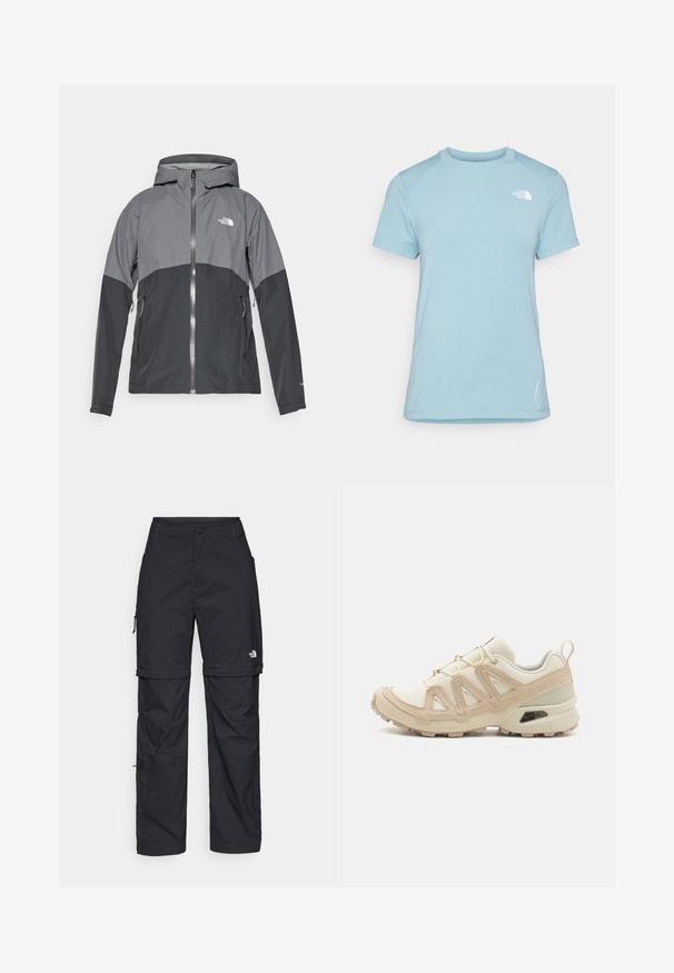 Water-resistant jacket in grey and black, featuring a zippered front, adjustable hood, and two side pockets. Logo on chest.; Light blue short-sleeve t-shirt with a crew neck. Features soft fabric, raglan sleeves, and a white logo on the upper left chest.; Black nylon zip-off cargo trousers with adjustable cuffs, multiple pockets, and a logo on the right leg. Smooth, lightweight texture.; Beige and cream athletic shoe with textured mesh upper, supportive overlays, and rubber outsole featuring a tread pattern for traction.