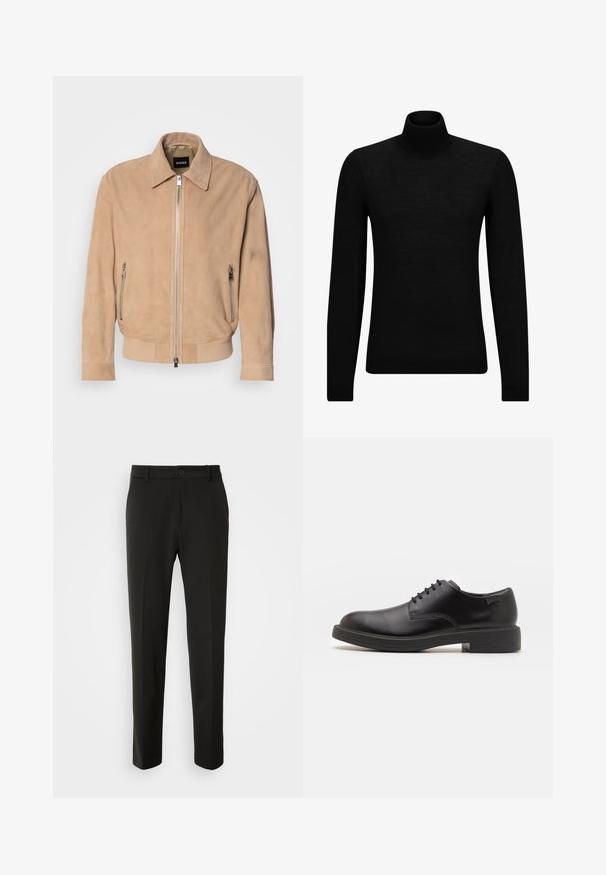 Sandalwoodfärgad mockajacka med spetsig krage, framzip, två sidofickor med dragkedja, ribbad nederkant och präglad logotypdetalj.; Svart polotröja gjord av mjukt material, med långa ärmar och en åtsittande passform. Ribbat avslut vid fåll och ärmslut. Enkelt mönster.; Svarta byxor tillverkade av slät tyg, med raka ben, knappstängning och en klassisk design som passar för både formell och avslappnad användning.; Svart läder snörsko med rund tå, slät yta, minimal söm och låg gummihäl. Logotyp på hälen.