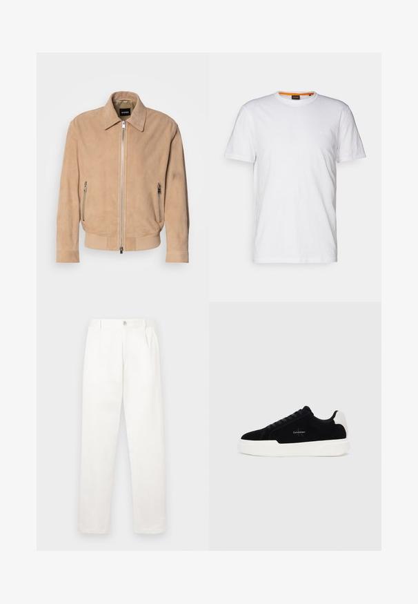 Beige Wildlederjacke mit spitzem Kragen, Frontreißverschluss, zwei seitlichen Reißverschlusstaschen, geripptem Saum und geprägtem Logodetail.; Weißes Baumwoll-T-Shirt mit Rundhalsausschnitt, kurzen Ärmeln und einem dezenten geprägten Logo auf der Brust. Das Innenschild hat einen orangefarbenen Akzent.; Weiße Hose aus glattem Gewebe, mit geradem Bein, Vorderfalten und einem einzelnen Knopfverschluss an der Taille.; Schwarze Low-Top-Sneaker mit weißer Sohle und Fersenkappe, Schnürung vorne und Calvin Klein-Logo an der Seite.