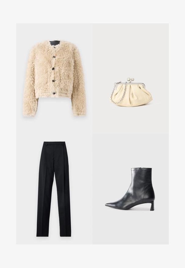 STAND STUDIO LUCINE JACKET - Žieminė striukė - black/off white; Juoda ilgomis rankovėmis turtleneko tipo megztinis su rebruotomis rankovėmis ir apačia, eksponuojamas ant paprasto balto fono.; Juodos kelnės iš lygaus audinio, pasižyminčios aukštu liemeniu, plačiomis kojomis, priekinėmis klostėmis ir klasikiais diržo kilpomis. Šoninių kišenių nematyti.; Juodas odinis kulkšninis batas su smailiu pirštu ir elegantišku dizainu. Turi žemą kulną ir užtrauktuką gale. Lygi tekstūra.; Plyšiniai smėlio spalvos odiniai rankinukai su sidabriniu metaliniu rėmu, turintys du apvalius dekoratyvinius užtrauktukus ir sidabrinę grandinėlę.