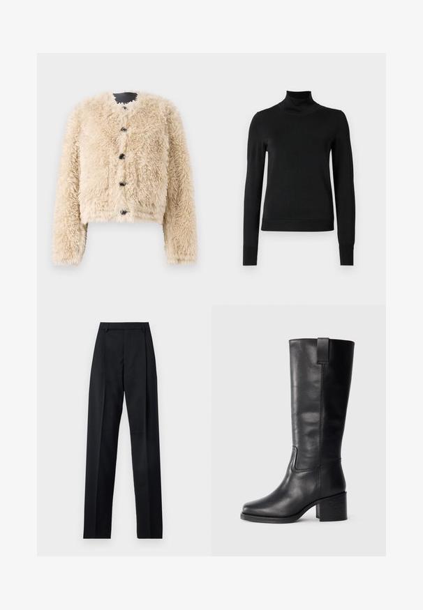 STAND STUDIO LUCINE JACKET - Giacca invernale - black/off white; Pullover nero a maniche lunghe con collo alto, rifinito con polsini e orlo a coste, mostrato su uno sfondo bianco semplice.; Pantaloni neri realizzati in tessuto morbido, caratterizzati da vita alta, gambe larghe, pince frontali e classiche passanti per cintura. Non ci sono tasche laterali visibili.; Stivali al ginocchio in pelle nera con una texture liscia, punta quadrata, tacco a blocco e linguetta laterale, caratterizzati da dettagli di cucitura minimi.