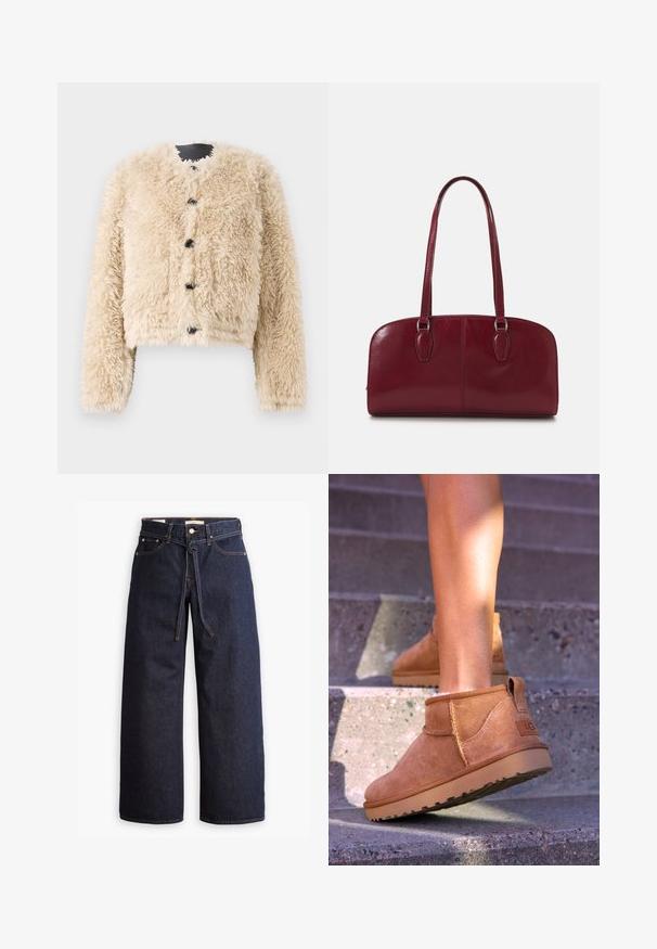 STAND STUDIO LUCINE JACKET - Vinterjakke - black/off white; Langermet hvit T-skjorte med rund hals og "WEEKDAY"-merke på innsiden av kragen, lagt flatt på en lys grå bakgrunn.; Viddeben mørkeblå denim jeans med høy midje, som har snøring, fem lommer og kontraststing.; Brune sued støvletter til ankelen med en myk tekstur, sydet detaljer og gummisåle, med en løkket hæl for enkel påkledning.; Zign LEATHER - Håndveske - dark red