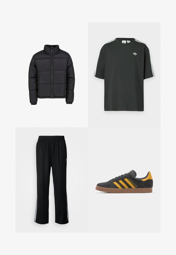 Mustvalge puffjakke kõrge kraega, esiseeliku ja elastsete mansettidega. Omab tikandiga kätetööd horisontaalsete õmblustega. Kerge materjal.; Mustast puuvillast lühikeste varrukatega t-särk, ümmarguse kaelusega ja valgete kolmetriipudega õlgadel. Rinnal on väike valge logo.; Mustad mustad spordipüksid elastse vöökohaga, millel on valged küljeread ja väike logo. Materjal tundub pehme ja kerge.; Mustad sametist spordijalatsid kollaste aktsentidega, millel on kolm triipu ja pruun kummitald. Mugavuse tagamiseks on neil pehmendatud keele osa.