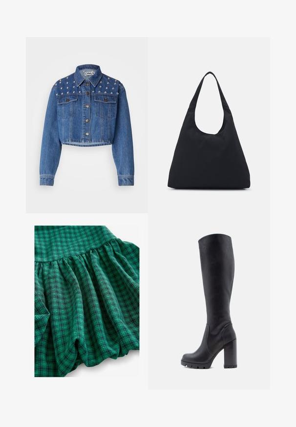 Giacca di jeans tagliata di colore blu medio, con borchie argentate sulle spalle, chiusura a bottone metallico e due tasche frontali. Tessuto liscio.; New Look Camicetta - black; Il tessuto a quadri verdi presenta diverse tonalità, una texture arricciata e un orlo con volant. Il materiale appare traspirante e leggero.; Stivale nero fino al ginocchio, materiale in pelle liscia, tacco spesso, punta tonda, suola testurizzata con grip, design elegante senza adornamenti.; Borsa di tessuto nera con un'unica tracolla larga. Forma morbida e semi-strutturata, con una texture liscia; design minimale, senza hardware visibile.