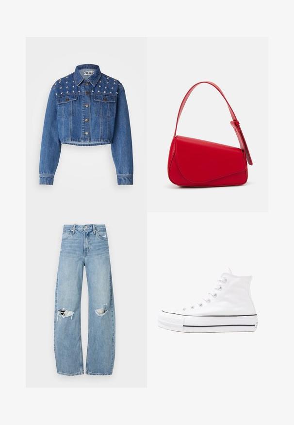 Gekürzte Jeansjacke in Mittelblau, mit silbernen Nieten auf den Schultern, metallischem Knopfverschluss und zwei Vorderaschen. Glatte Textur.; Schwarzes, übergroßes T-Shirt mit einem Grafikdruck eines Bären und dem Text "NICHT SÜß, SONDERN WILD" in fetter, weißer Schrift. Baumwollmaterial.; Helles, hochtailliertes Jeans aus Denim. Hat weit geschnittene Beine, zwei aufgerissene Kniebereiche und klassischen Fünf-Taschen-Stil.; Weiße hochwertige Leinensneaker mit schwarzer Gummisohle, vorderem Gummizehenschutz und sechs Ösen für Schnürsenkel, die ein sauberes, minimalistisches Design aufweisen.; Rote Lederhandtasche mit einem kantigen, geometrischen Design. Verfügt über einen verstellbaren Schulterriemen und einen Klappenverschluss mit genähten Details.