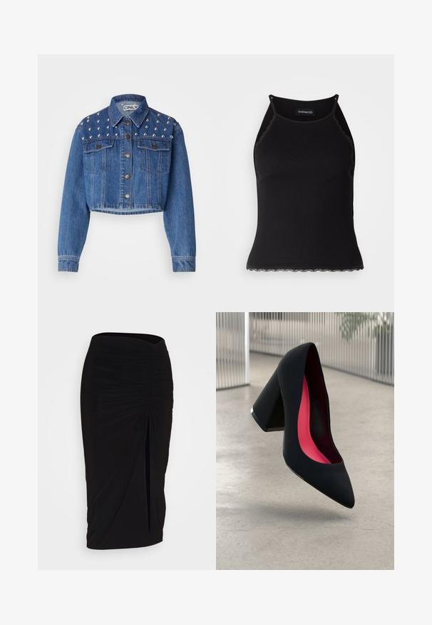 Apsipjaustyta džinsinė striukė vidutinio mėlynumo, su sidabriniais smeigais ant pečių, metaliniu užtrauktuku ir dviem priekinėmis kišenėmis. Lygus paviršius.; Juodas raštuotas marškinėlis be rankovių su banginiu nėriniu apdaila apatine dalimi. Savybės: plonos petnešos ir prigludusi forma. Pagaminta iš tamprios medžiagos.; Juoda, raukšlėta pieštuko sijonas su raišteliu ir šoniniu įpjovimu. Pagamintas iš elastingos medžiagos, pasižymi lygiu paviršiumi ir prigludusia forma.; Juodas aukštakulnis batai su smailiu pirštu, su tekstūruota paviršiumi ir ryškiai rožiniu vidumi. Su tiek dideliu kulnu, tiek sidabriniu akcentu.