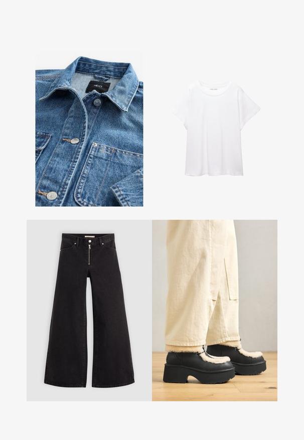 Jasnoniebieska koszula z denimu z klasycznym kołnierzykiem, zapięcie na guziki z przodu, dwie kieszenie na piersi i srebrne okucia. Postarzany wygląd i detale w szyciu.; Biała koszulka wykonana z miękkiej, lekkiej tkaniny. Posiada okrągły dekolt oraz krótkie, szerokie rękawy, zapewniające luźny krój. Brak widocznych wzorów.; Jeans o szerokich nogawkach w czarnym denienie z zamkiem błyskawicznym z przodu, pięcioma kieszeniami i subtelnymi detalami przeszycia. Gładka tekstura i swobodny styl.; Czarne kozaki na platformie z okrągłym noskiem, z puszystym kremowym kołnierzem i detalami sznurowania, połączone z luźnymi beżowymi spodniami na drewnianej podłodze.