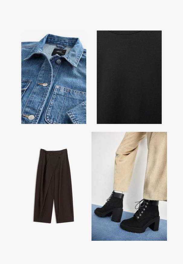 Lichtblauwe denimshirt met een klassieke kraag, knoopsluiting aan de voorkant, twee borstzakken en zilverkleurige accenten. Versleten textuur en stikseldetails.; Zwarte katoen stof met een soepele textuur en een ronde halslijn, met een subtiele, gelijkmatige nerfpatroon. Geen zichtbare logo's of accenten.; Donkere bruin wijde broek met een hoge taille, voorzien van een enkele knoopsluiting en een geplooide voorkant. Gemaakt van lichtgewicht stof.; Zwarte suede enkellaarsjes met een chunky hak, ronde neus en zilveren oogjes, met een matte zwarte leren kraag en een profiterende zool.