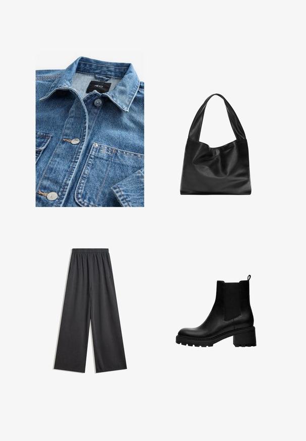 Chemise en denim bleu clair avec un col classique, fermeture à boutons sur le devant, deux poches poitrine et quincaillerie en acier inoxydable. Texture usée et détails de couture.; T-shirt blanc à manches courtes en coton doux, avec un col rond et une coupe décontractée à ourlet droit, uni sans motifs ni graphiques.; Pantalons larges noirs en tissu doux, avec une taille élastique et des poches latérales. Texture lisse sans motifs ni accents visibles.; Bottines en cuir noir avec un bout arrondi, des panneaux latéraux élastiques et un talon bloc épais. Semelle texturée pour une bonne adhérence.; Sac fourre-tout en cuir noir au design souple et décontracté, avec de larges poignées et une texture lisse. Pas de quincaillerie ni d'ornements visibles.