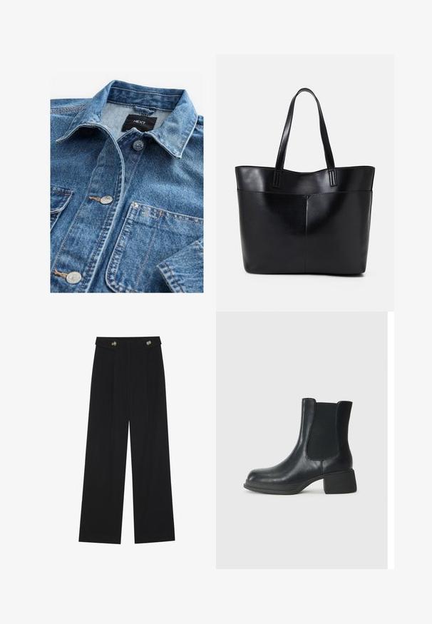 Camicia in denim azzurro chiaro con colletto classico, chiusura frontale a bottoni, due tasche sul petto e accessori in argento. Texture invecchiata e dettagli delle cuciture.; T-shirt nera a maniche corte con scollatura ampia. Realizzata in un tessuto morbido e leggero. Design semplice senza motivi o dettagli.; Pantaloni neri a gamba larga con vita alta, dettagli con bottoni in vita e pieghe frontali.; Stivaletto in pelle nera con pannelli laterali elasticizzati, punta arrotondata e tacco basso a blocco. La superficie ha una texture liscia e un design minimale.; Borsa a tracolla in pelle nera con due manici lunghi, una texture liscia e una forma strutturata. Presenta una tasca frontale per ulteriore spazio di archiviazione.