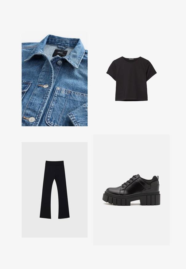 Svetlo modra denim srajca s klasičnim ovratnikom, sprednjim gumbom, dvema žepoma na prsih in srebrnimi dodatki. Opran videz in podrobnosti šivanja.; Črn kratki top s kratkimi rokavi, narejen iz mehkega materiala, z okroglo izrezom in sproščenim krojem ter čistim robom.; Črne joga hlače z visokim pasom, narejene iz raztegljive tkanine, z obliko krila noge in gladko teksturo po celotnem obsegu.; Črne usnjene platforme z debelim blokastim petam, okroglo konico in klasičnim vezanjem. Imajo gladko teksturo in minimalne podrobnosti.
