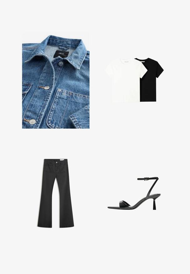 Chemise en denim bleu clair avec un col classique, fermeture à boutons sur le devant, deux poches poitrine et quincaillerie en acier inoxydable. Texture usée et détails de couture.; Deux t-shirts à manches courtes, l'un blanc et l'autre noir, en coton. Les deux présentent un col rond et un design simple et classique.; Jean noir évasé en denim avec une texture lisse, comportant deux poches arrière et une fermeture boutonnée à la taille.; Bershka Sandales à talons hauts - black