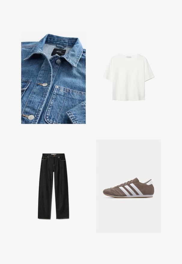 Svijetloplava traper košulja s klasičnom kragnom, prednjim kopčanjem na dugmete, dva džepa na prsima i srebrnim dodacima. Išarana tekstura i detalji šivanja.; Bijela majica kratkih rukava od pamuka. Ima okrugli izrez i opušteni kroj. Glatka tekstura bez vidljivih uzoraka ili naglasaka.; Tamno plave traperice ravnog kroja, s mramornim zatvaračem od mesinga i kontrastnim žutim šavovima. Ima pet džepova i klasičan kroj.; Smeđi zamakani sportski tenisice s bijelim prugama, okrugli vrh, vezanje, i potplat od gumene smole. Teksture gornjeg dijela s detaljima šivanja.