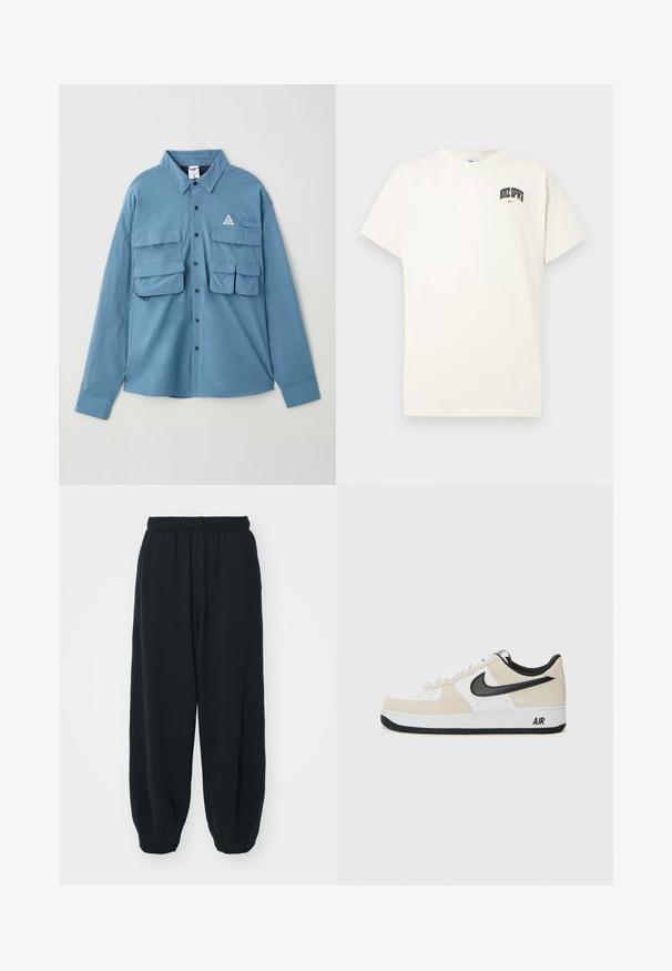Blue long-sleeve shirt made of soft fabric, featuring two chest pockets, button closure, a collar, and a logo triangle accent on the chest.; Cream-colored cotton t-shirt with short sleeves, featuring "NIKE SB" in black and red text on the chest. Standard round neckline.; Black, elasticated-waist sweatpants with a loose fit, cuffed ankles, smooth texture, and no visible patterns or hardware accents.; Sneakers with a light beige suede and white leather upper, black Nike swoosh, black accents, and a white rubber sole featuring "AIR" branding.